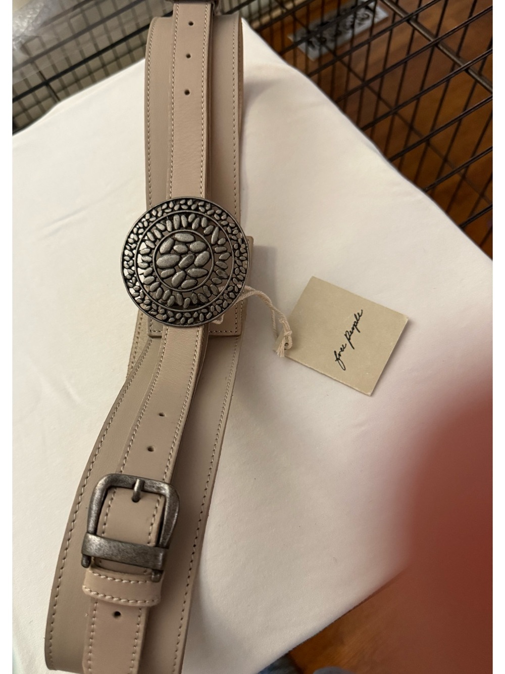 NWT Free People Beige Creamish/Tan Belt w/Embossed Silver Buckle (42” Length) - Picture 2 of 9